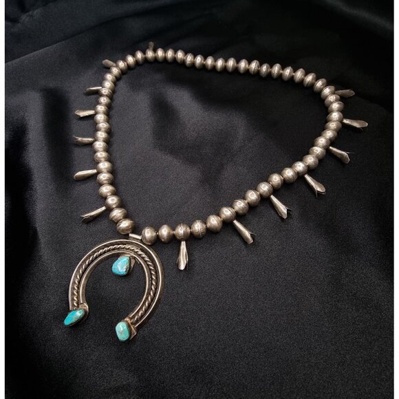 Vintage Southwest style Sterling Silver & Turquoise Squash Blossom Necklace - Picture 1 of 7